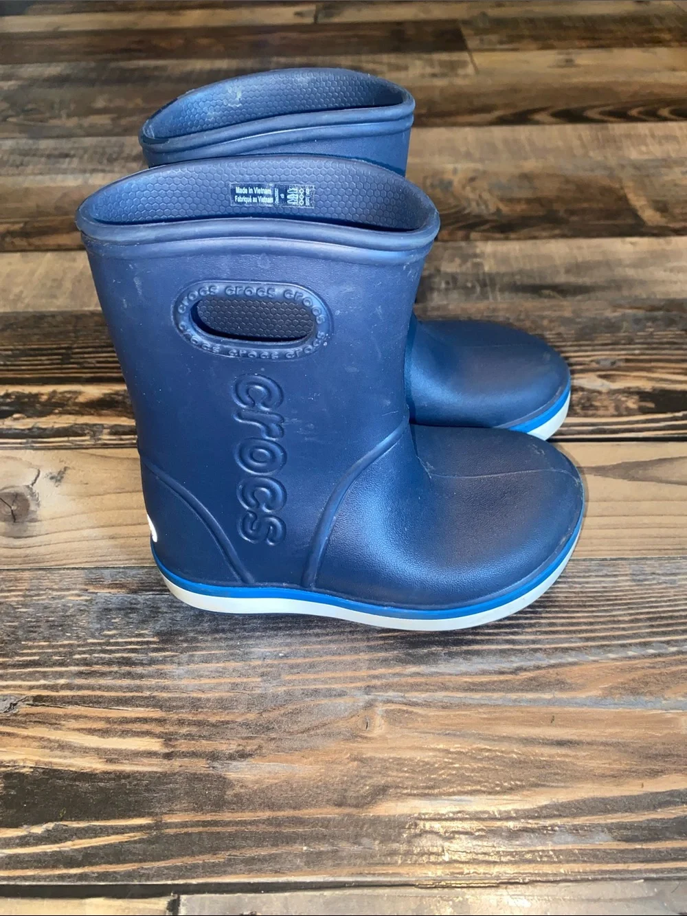 CROCS Kids Navy Blue Rain Boots with Light Blue Trim size 9C